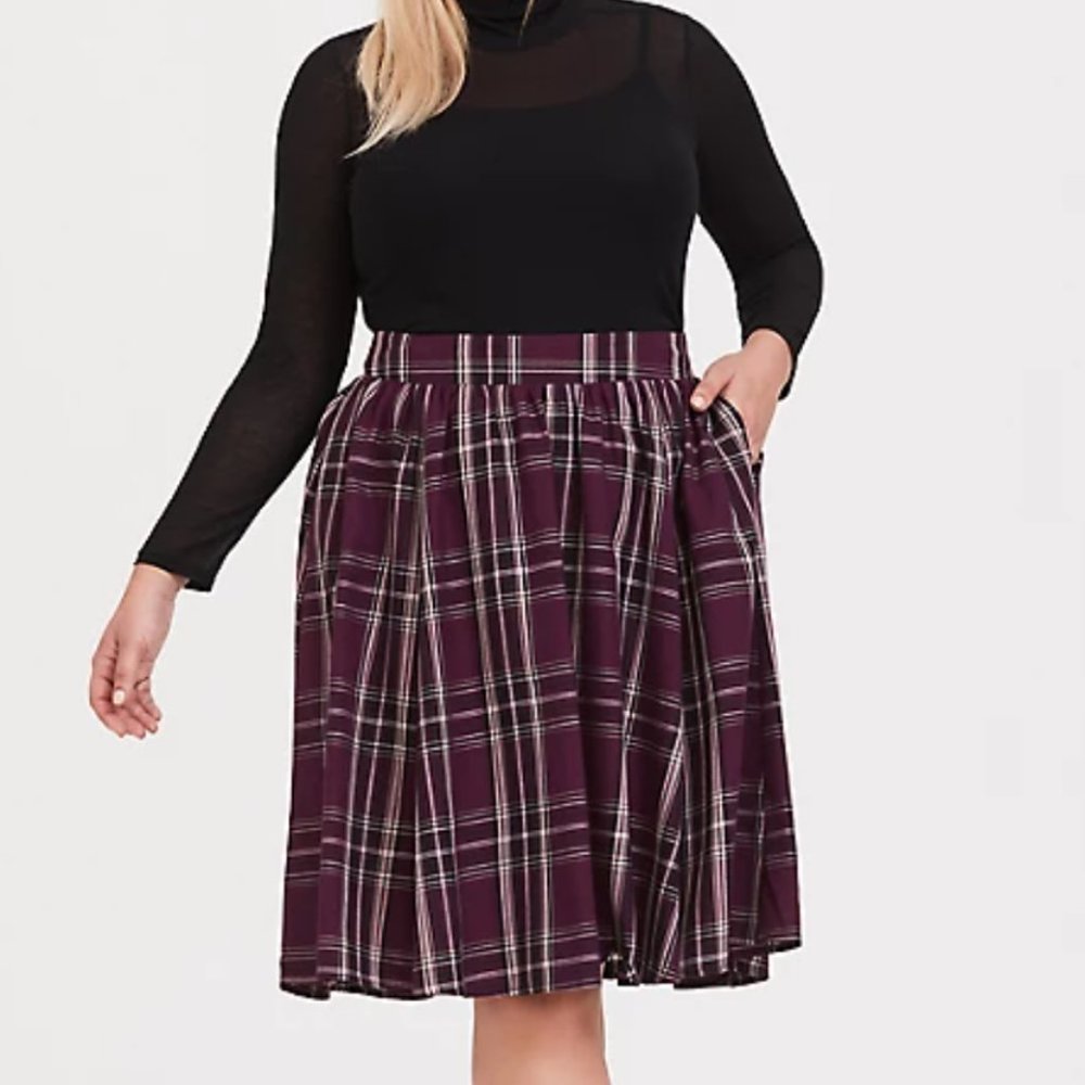 Torrid Burgundy Purple Plaid Twill Midi Skirt